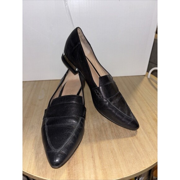 Franco Sarto Shoes - Sz 6 Black Leather Franco Sarto Loafers Silver Accent On Heel